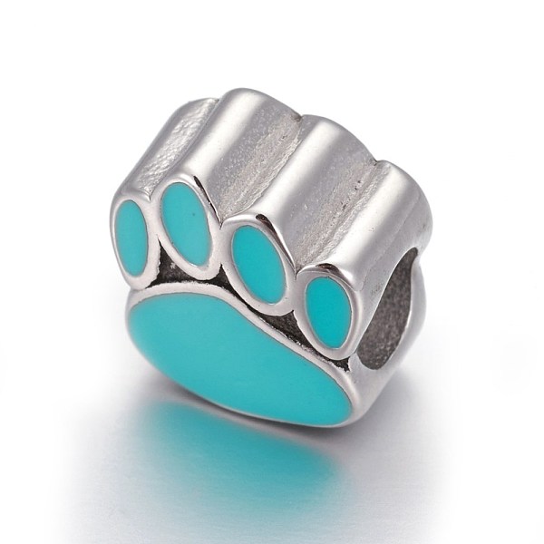 

PandaHall 304 Stainless Steel European Beads, with Enamel, Large Hole Beads, Dog Paw Prints, Stainless Steel Color, Cyan, 10.5x10x7mm, Hole...