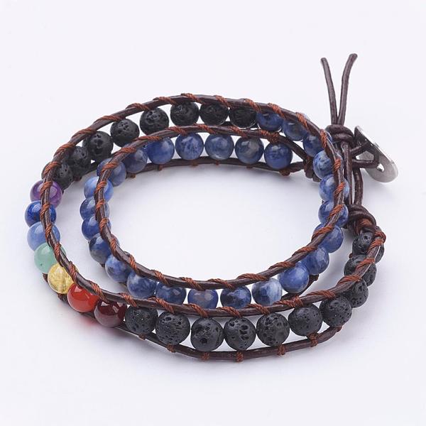PandaHall Two Loops Natural Gemstone Wrap Bracelets, with Cowhide Leather Cord and 304 Stainless Steel Sewing Buttons, with Burlap Paking...