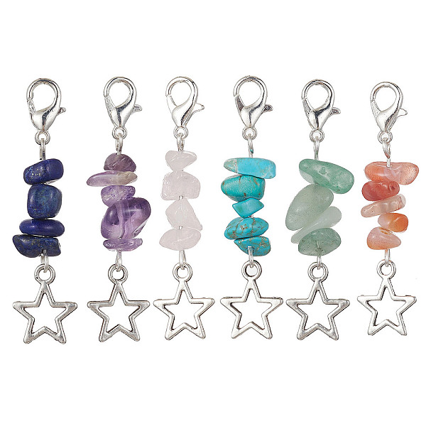 

PandaHall Natural & Synthetic Gemstone Chip Pendant Decoration, with Alloy Lobster Claw Clasps and Star Charm, 47~48mm, 6pcs/set Mixed Stone..., Multicolor