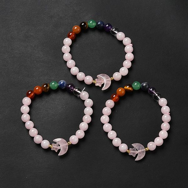 

PandaHall Moon and Star Natural Rose Quartz & Mixed Gemstone Beaded Bracelets for Women, Inner Diameter: 2 inch(5.2cm) Rose Quartz