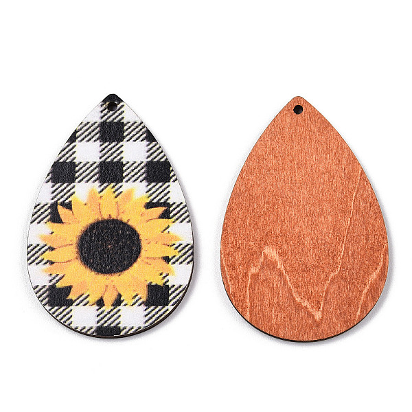 

PandaHall Single Face Sunflower Printed Wood Big Pendants, Teardrop Charm, Black, Tartan Pattern, 60x40x3mm, Hole: 2mm Wood Tartan Black
