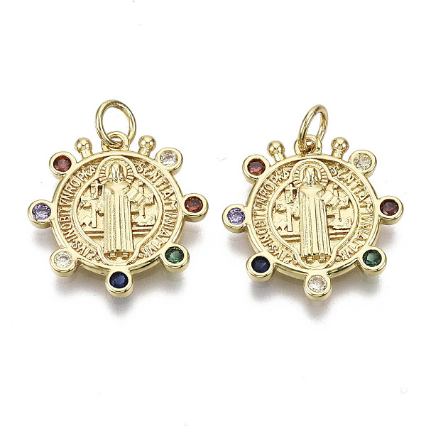 

PandaHall Brass Micro Pave Cubic Zirconia Pendants, with Jump Ring, Nickel Free, Flat Round with Saint Benedict, Colorful, Real 16K Gold...