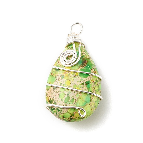 

PandaHall Natural Imperial Jasper Pendants, with Eco-Friendly Copper Wire Wrapped, Dyed, Teardrop, Silver, 37.5~38.5x20.5~21x11.5mm, Hole...