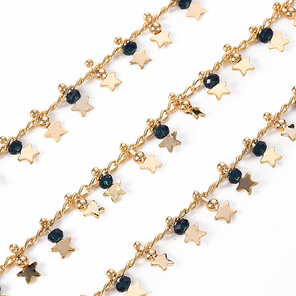 

PandaHall Handmade Brass Curb Chains, with Glass Beads, Soldered, Spool, Star, Real 18K Gold Plated, Dark Slate Gray, 2.8x1.5x0.3mm, about...