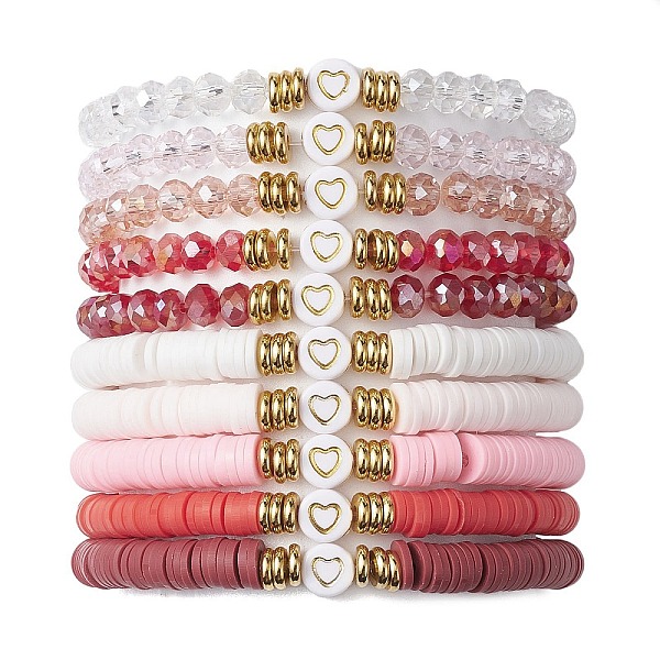 

PandaHall 10Pcs Polymer Clay Disc & Glass & Brass Beaded Stretch Bracelets Set, Heart Stackable Bracelets, Indian Red, Inner Diameter: 2-1/8...