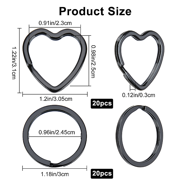 Craspire 40 個キーリング黒ラウンドキーホルダーリングハート形金属フラットスプリットリングチェーンコネクタ車のキーアタッチメント Diy レザークラフト