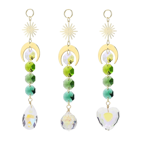 

PandaHall Electroplate Glass Heart & Teardrop Window Hanging Suncatchers, Golden Brass Sun & Moon and Glass Octagon Beads Pendants..., Green