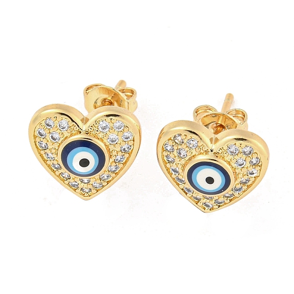

PandaHall Evil Eye Real 18K Gold Plated Brass Stud Earrings, with Enamel and Clear Cubic Zirconia, Heart, 10.5x11mm Cubic Zirconia Heart
