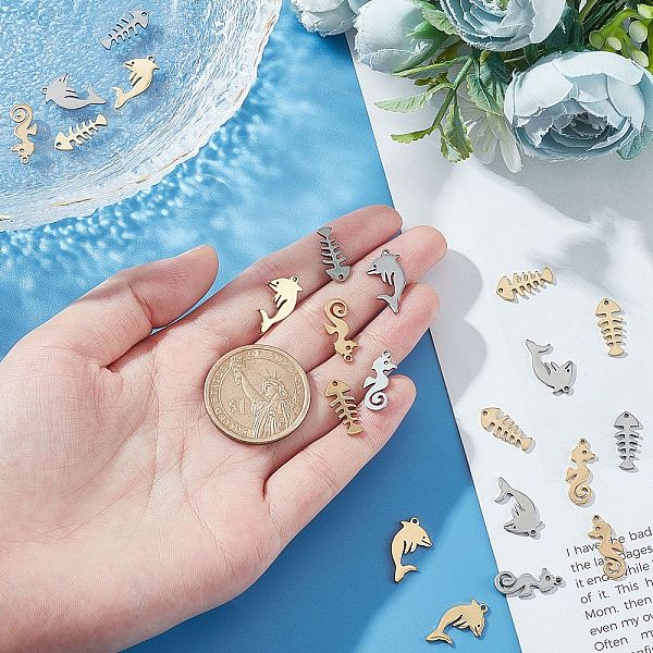 

PandaHall Unicraftale 60Pcs 6 Style Ocean Theme 304 Stainless Steel Pendants, Laser Cut, Dolphin & Sea Horse & Fishbone, Golden & Stainless...