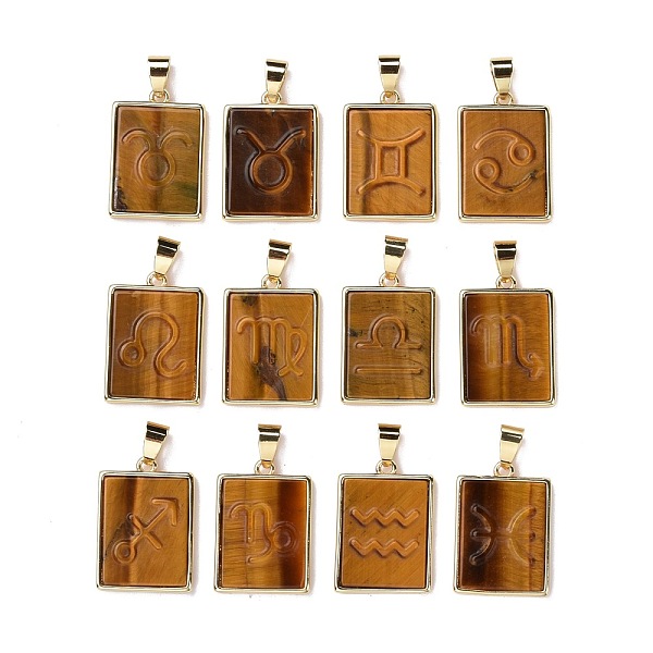 

PandaHall 12Pcs 12 Styles Natural Tiger Eye Pendants, Rectangle Charms with Twelve Constellations, with Rack Plating Light Gold Tone Brass...
