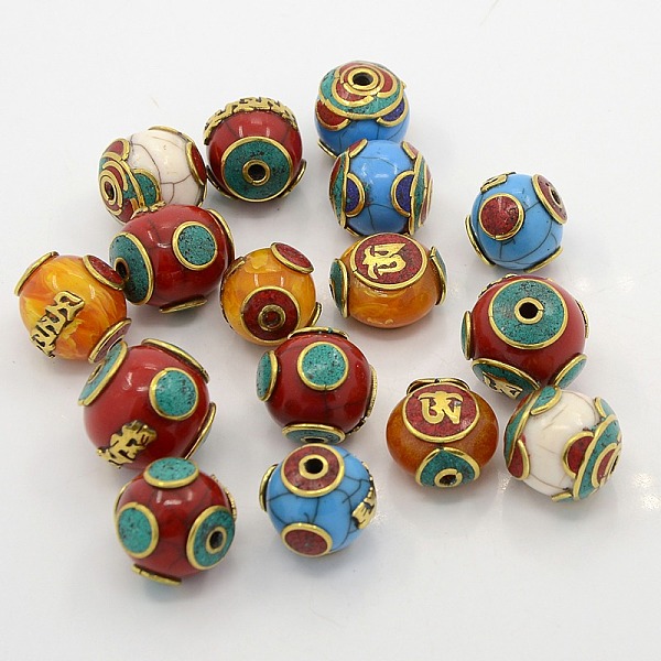 

PandaHall Mixed Handmade Tibetan Style Beads, Brass Findings with Beeswax, Synthetic Turquoise and Coral, Mixed Color, 16~20x17~21x17~21mm..., Multicolor