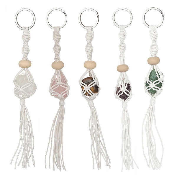 

PandaHall Waxed Cotton Cord Braided Macrame Pouch Gemstone Holder Keychain, with Wood Beads and 304 Stainless Steel Split Key Rings, 19~20cm...
