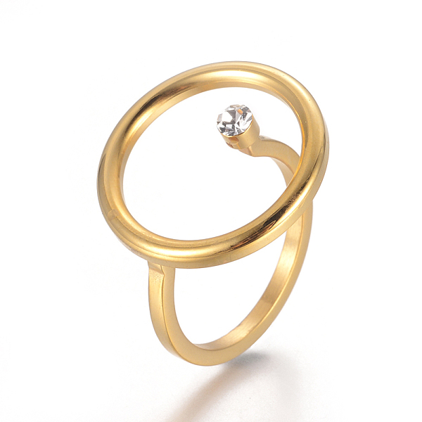 

PandaHall 304 Stainless Steel Hollow Finger Rings, with Rhinestone, Flat Round, Golden, Size 7, 17mm Stainless Steel+Rhinestone Clear