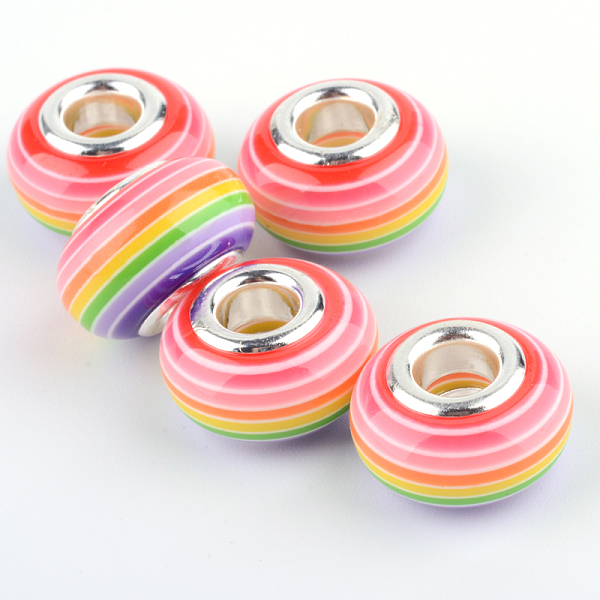 

PandaHall Resin European Beads, Large Hole Beads, with Silver Plated Brass Double Cores, Stripe, Rondelle, Dark Violet, 14x8~8.5mm, Hole..., Purple