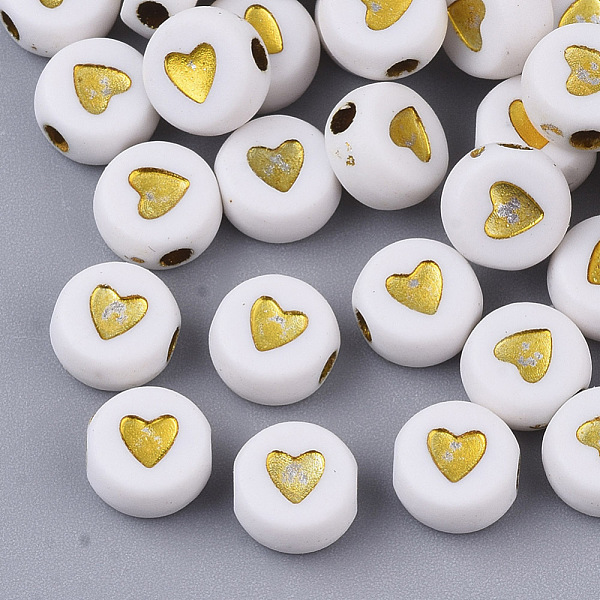 

PandaHall Plating Acrylic Beads, Metal Enlaced, Flat Round with Heart, Golden Plated, 6.5~7x3.7mm, Hole: 1.8mm, about 365pcs/50g Acrylic..., White