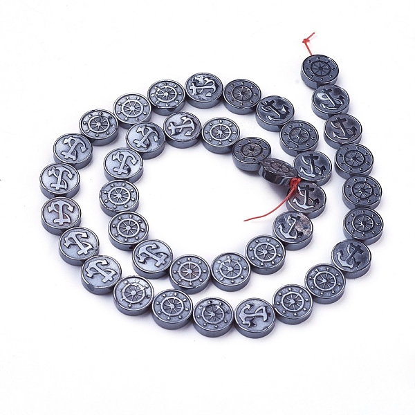 

PandaHall Non-magnetic Synthetic Hematite Beads Strands, Flat Round with Anchor and Helm, 10x3mm, Hole: 1mm, about 40pcs/strand, 15.5 inch...