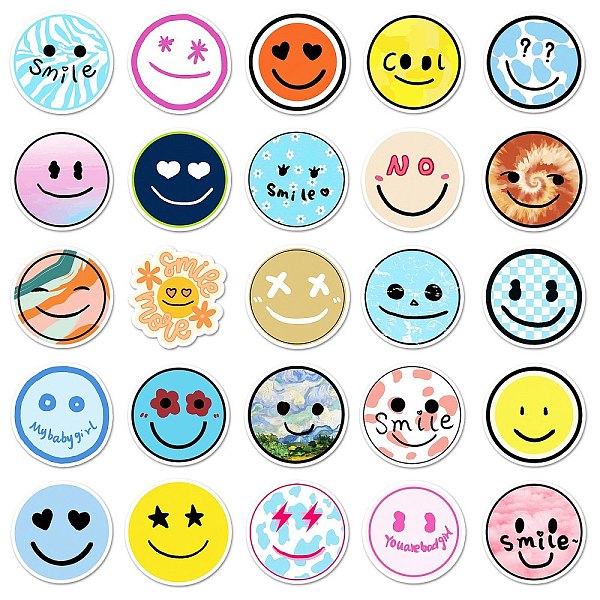 

PandaHall 50Pcs PVC Waterproof Smiling Face Stickers, Round Dot Self Adhesive Decals, for DIY Art Craft, Scrapbooking, Greeting Cards, Flat..., Multicolor