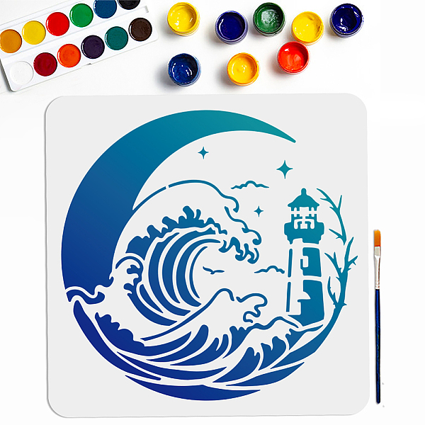 

PandaHall MAYJOYDIY Moon Waves Lighthouse Stencil 11.8×11.8inch Large Nautical Lighthouse Sea Waves Stencils with Paint Brush Summer...