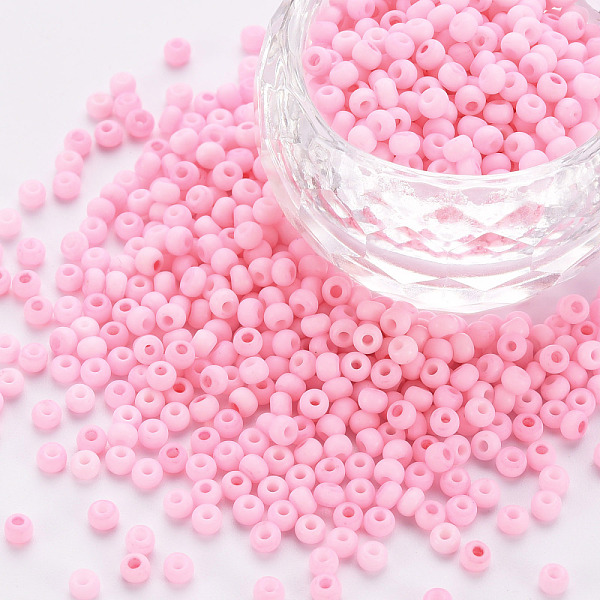 

PandaHall 8/0 Opaque Glass Seed Beads, Round Hole, Frosted Colours, Round, Pink, 3~4x2~3mm, Hole: 0.8mm, about 15000pcs/Pound Glass Pink