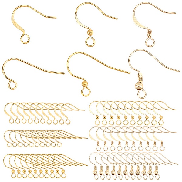 

PandaHall SUNNYCLUE 120Pcs 6 Style Brass French Hooks with Coil and Ball, Ear Wire, Real 18K Gold Plated, 11.5~18x15.5~22.5x0.5~3mm, Hole...