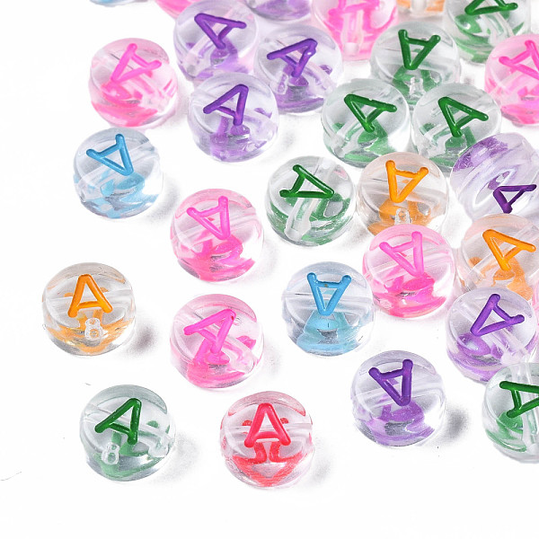 

PandaHall Transparent Clear Acrylic Beads, Horizontal Hole, Flat Round with Mixed Color Letter, Letter.A, 7x3.5mm, Hole: 1.2mm, about...