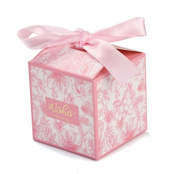 PandaHall Wedding Theme Folding Gift Boxes, Square with Flower & Word Wishes A GIFT FOR YOU and Ribbon, for Candies Cookies Packaging, Pink...