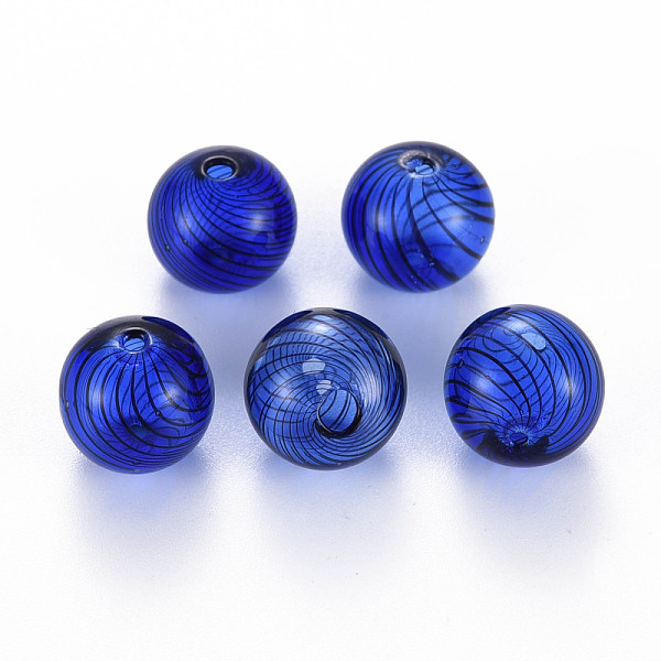 

PandaHall Transparent Handmade Blown Glass Globe Beads, Stripe Pattern, Round, Blue, 12.5~13.5mm, Hole: 1~2mm Glass Round Blue