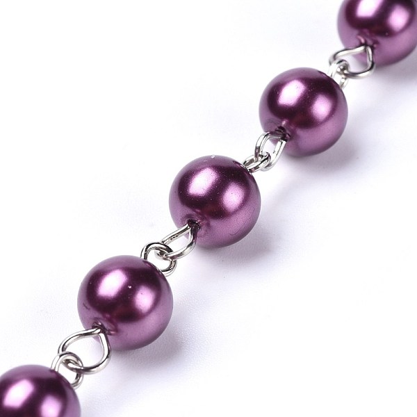 

PandaHall Handmade Dyed Glass Pearl Beaded Chains, Unwelded, with Iron Eye Pin, Platinum, Purple, 39.37 inch, 1m/strand Iron+Glass Purple