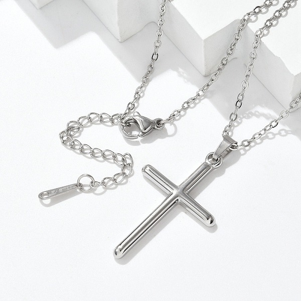 304 Stainless Steel Cross Pendant Cable Chain Necklaces