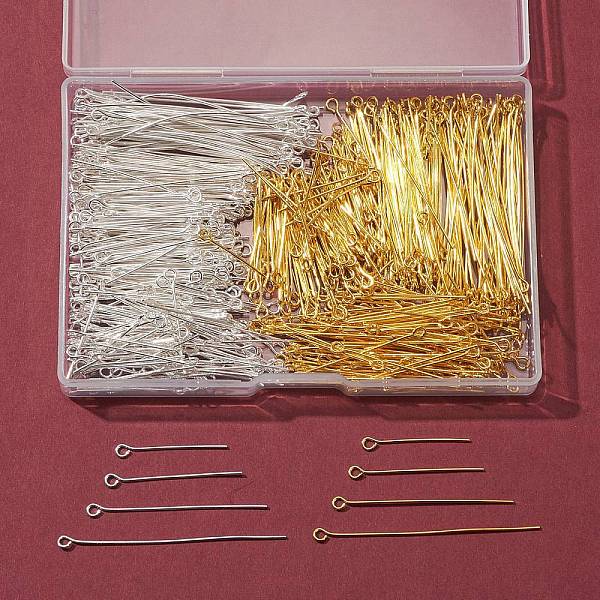 

PandaHall 8 Styles Brass Eye Pins, Cadmium Free & Lead Free, Golden & Silver, 21 Gauge, 24~50x0.7mm, Hole: 2mm, 600pcs/box Brass