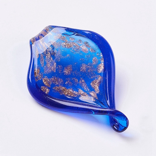 

PandaHall Handmade Gold Sand Lampwork Big Pendants, Leaf, Blue, 69~75x42~48x6~8mm, Hole: 7x7mm Lampwork Leaf Blue