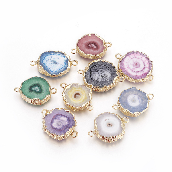 

PandaHall Natural Dyed Quartz Links connectors, with Brass Findings, Flat Round, Golden, Mixed Color, 24.5~33x16~23x4~6mm, Hole: 2~2.5mm..., Multicolor