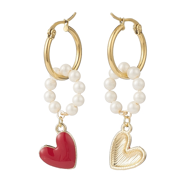 Natural Shell Pearl Beaded Ring With Alloy Heart Dangle Hoop Earrings