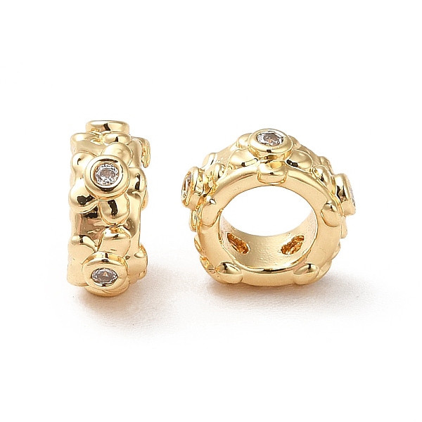 

PandaHall Brass Micro Pave Cubic Zirconia European Beads, Large Hole Beads, Real 18K Gold Plated, Flat Round with Flower, Clear, 7.5x3mm...