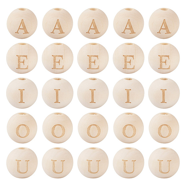 

PandaHall 100Pcs 5 Styles Unfinished Natural Wood European Beads, Large Hole Beads, Laser Engraved Pattern, Round with Word, Round...