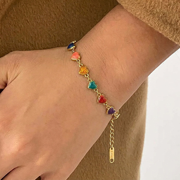 Bracciale da donna con catena a maglie smaltate a cuore in acciaio inossidabile 304