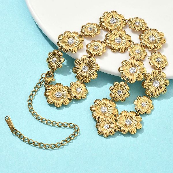 Colliers pendentifs en forme de fleur en acier inoxydable 304 sertis de micro-pavés de zirconiums cubiques pour femmes