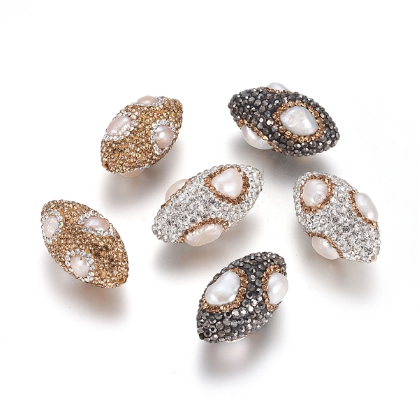 

PandaHall Polymer Clay Rhinestone Beads, with Natural Cultured Freshwater Pearl, Olive Shape, Mixed Color, 33~34x18~19mm, Hole: 1.4mm Pearl..., Multicolor