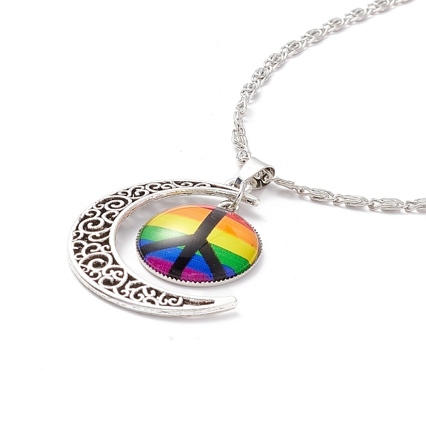 

PandaHall Rainbow Pride Necklace, Flat Round with Pattern & Moon Pendant Necklace for Men Women, Antique Silver & Platinum, Peace Sign...