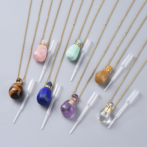 PandaHall Handmade Bumpy Lampwork Perfume Bottle Pendants, Essential Oil Bottle, with Gold Sand, Calabash with Leaf, Golden, 20.2 inch~20.4...