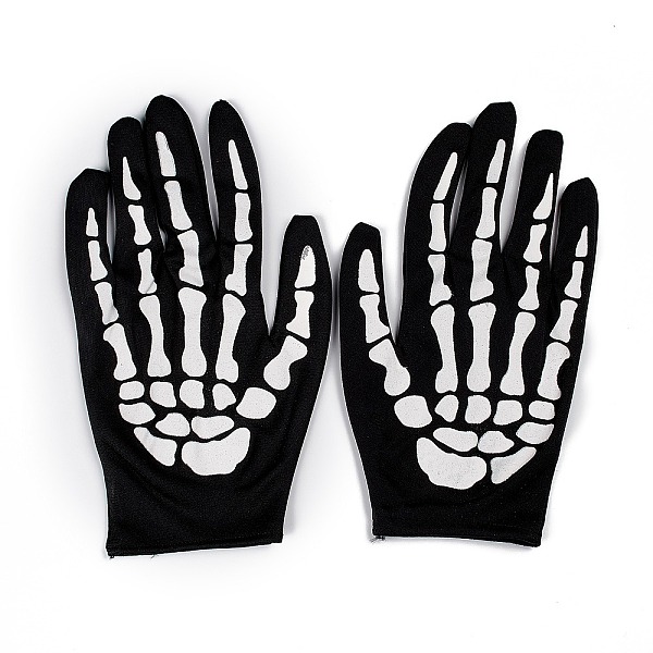 

PandaHall Polyester Skeleton Hand Horror Full Finger Gloves, for Halloween Cosplay Costumes, Black, 223x125x1.5mm Polyester Others Black