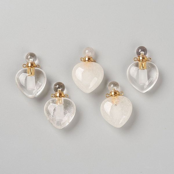 

PandaHall Natural Quartz Crystal Pendants, Openable Perfume Bottle, with Golden Tone Brass Findings, Heart Shape, 33~35x22~23x12~13mm, Hole...