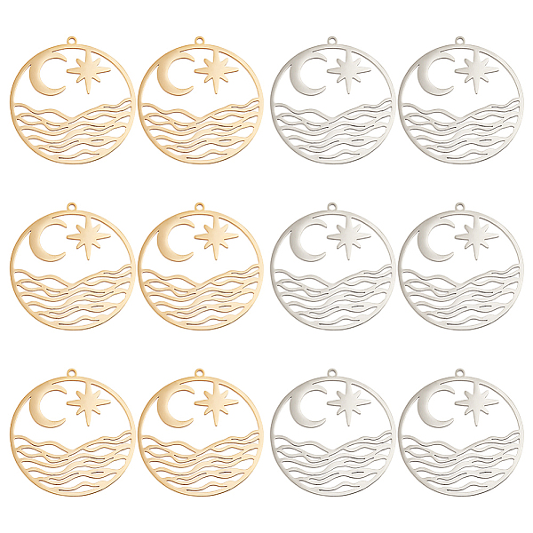 

PandaHall DICOSMETIC 12Pcs 2 Colors Moon and Star Charm Flat Round Disc Charm Golden Wavy Line Charm Sea Level Scenery Charm Stainless Steel...