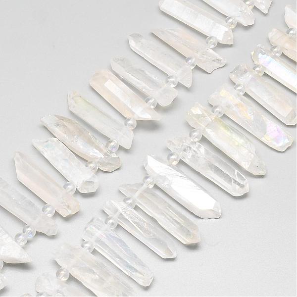 

PandaHall Plated Natural Quartz Crystal Beads Strands, Rock Crystal, AB Color Plated, 25~45x4~10x4~10mm, Hole: 1mm, about 36pcs/strand, 15.7...