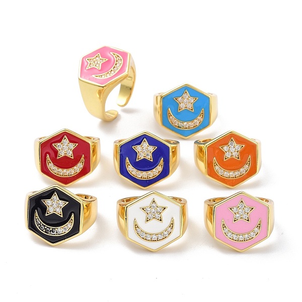 

PandaHall Hexagon with Star & Moon Clear Cubic Zirconia Wide Band Ring for Girl Women, Real 18K Gold Plated Brass Enamel Open Cuff Ring..., Multicolor