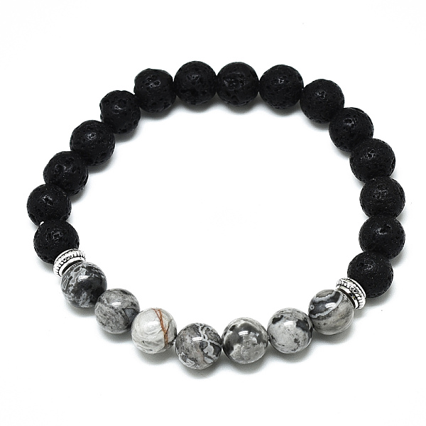 

PandaHall Natural Picasso Jasper Beads Stretch Bracelets, with Synthetic Lava Rock Beads and Alloy Beads, Round, Inner Diameter: 2-1/8 inch...