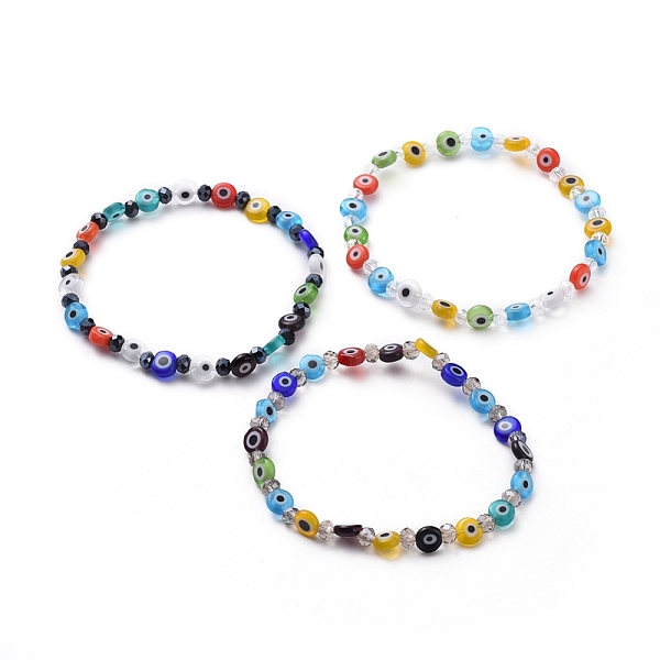 

PandaHall Handmade Evil Eye Lampwork Flat Round Beads Stretch Bracelets, with Faceted Rondelle Glass Beads, Mixed Color, 2 inch(5cm)..., Multicolor