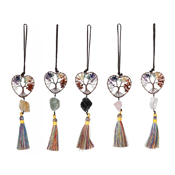 

PandaHall Brass Big Pendant Decorations, with Natural Gemstone Beads and Nylon Tassel, Heart with Tree of Life, Chakra Theme, 265mm Mixed...