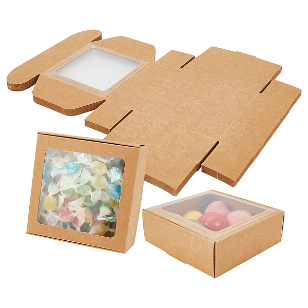 PandaHall Square Foldable Creative Kraft Paper Box, Gift Box with Visible PVC Window, Tan, 10.5x10.5x4cm Paper Square Orange