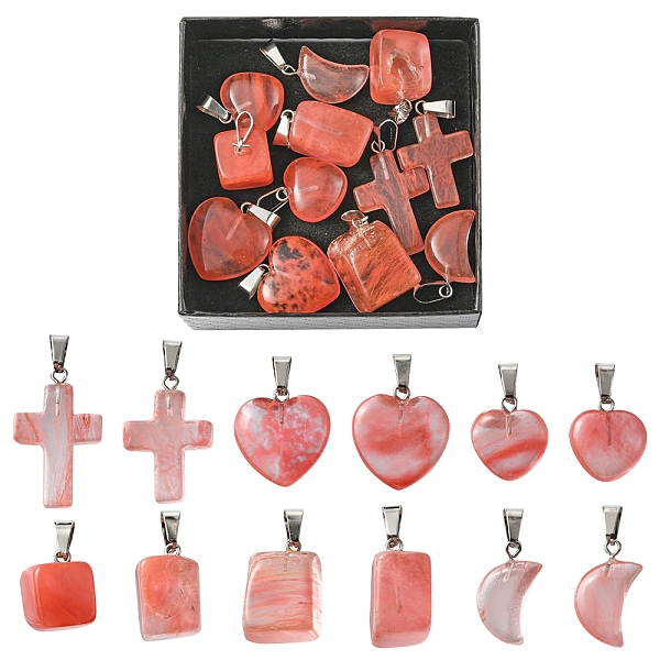 

PandaHall 12Pcs 5 Styles Cherry Quartz Glass Pendants, Geometric Charms with Platinum Tone Brass Snap on Bails, Mixed Shapes...